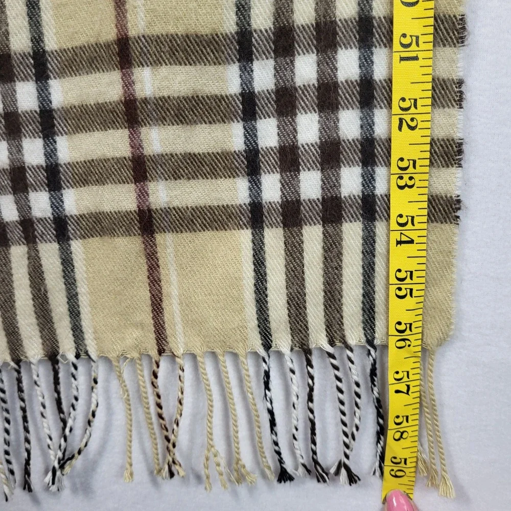 Cashmere Blend Plaid Scarf Made in Italy Tan Brown Fringe Preppy Academic Ivy‎